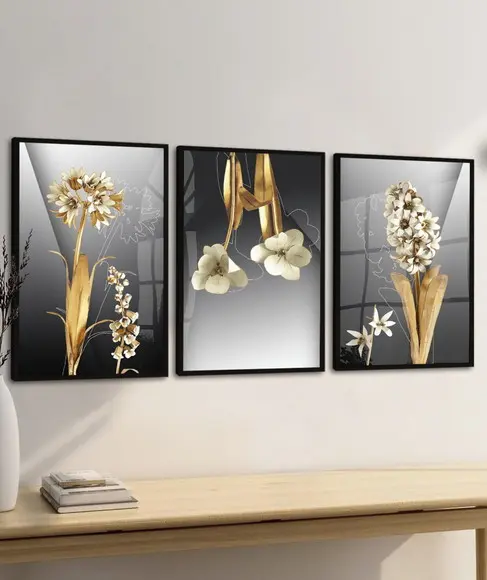 Kit 3 Quadros Decorativos Flores Douradas Moldura e Vidro