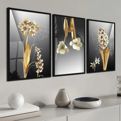 Kit 3 Quadros Decorativos Flores Douradas Moldura e Vidro