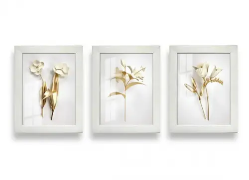 Kit 3 Quadros Decorativos Flores Douradas Moldura e Vidro