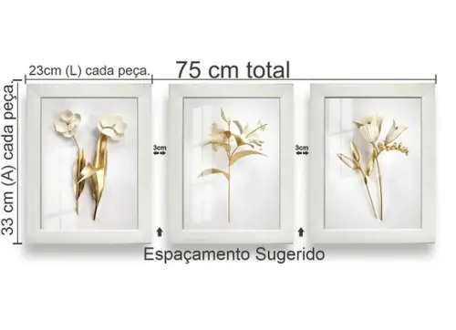 Kit 3 Quadros Decorativos Flores Douradas Moldura e Vidro