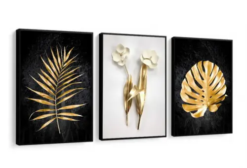 Kit 3 Quadros Decorativos Flores Douradas Para Sala Moldura