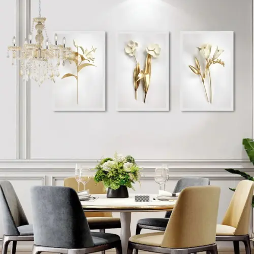 Kit 3 Quadros Decorativos Flores Douradas Para Sala Moldura