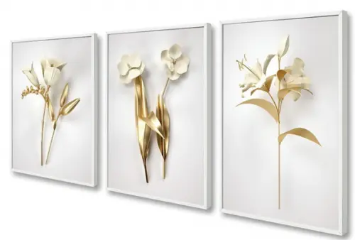 Kit 3 Quadros Decorativos Flores Douradas Para Sala Moldura