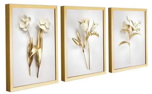 Kit 3 Quadros Decorativos Flores Douradas Para Sala Molduras