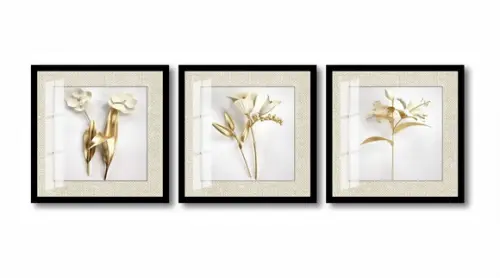 Kit 3 Quadros Decorativos Flores Douradas Sala Moldura Vidro
