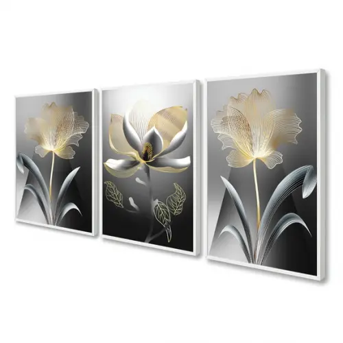 Kit 3 Quadros Decorativos Flores Douradas Quarto Sala Hall