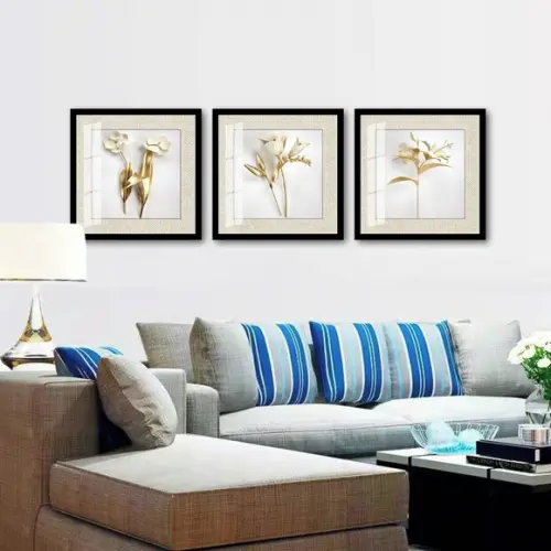 Kit 3 Quadros Decorativos Flores Douradas Sala Moldura Vidro