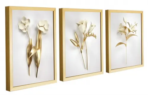 Kit 3 Quadros Decorativos Flores Douradas Sala Quarto Hall