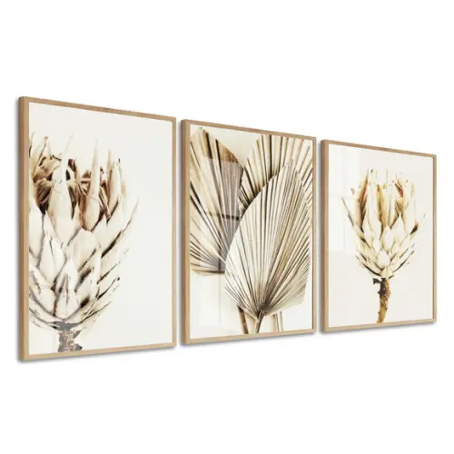Kit 3 Quadros Decorativos Flores Folhagem Bege Moldura Vidro