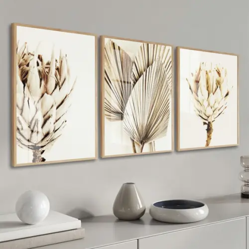 Kit 3 Quadros Decorativos Flores Folhagem Bege Moldura Vidro