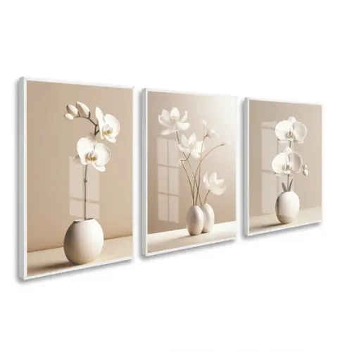Kit 3 Quadros Decorativos Flores Moderna Bege Moldura Vidro
