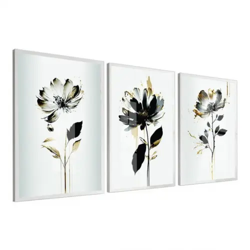 Kit 3 Quadros Decorativos Flores Modernas Azul Moldura Vidro