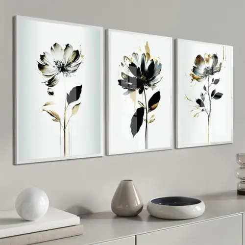 Kit 3 Quadros Decorativos Flores Modernas Azul Moldura Vidro