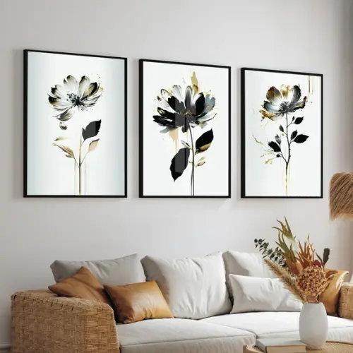 Kit 3 Quadros Decorativos Flores Modernas com Moldura Vidro