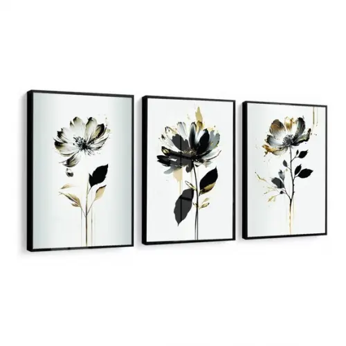 Kit 3 Quadros Decorativos Flores Modernas com Moldura Vidro