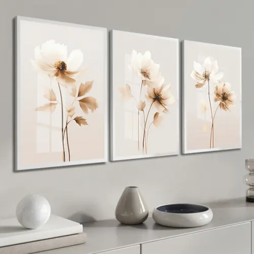 Kit 3 Quadros Decorativos Flores Modernas Moldura e Vidro