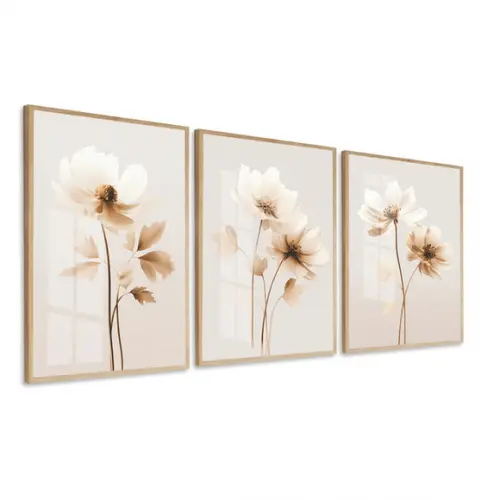 Kit 3 Quadros Decorativos Flores Modernas Moldura e Vidro