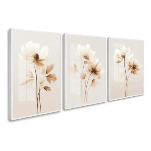 Kit 3 Quadros Decorativos Flores Modernas Moldura e Vidro