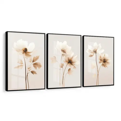 Kit 3 Quadros Decorativos Flores Modernas Moldura e Vidro