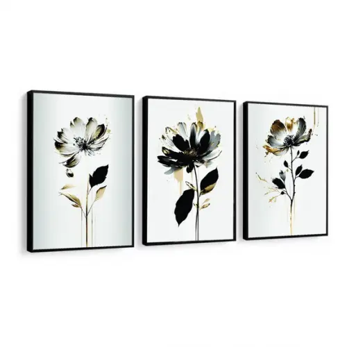 Kit 3 Quadros Decorativos Flores Modernas Preta Gold Moldura
