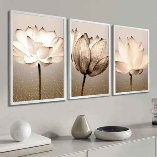 Kit 3 Quadros Decorativos Flores Modernas Para Sala Moldura