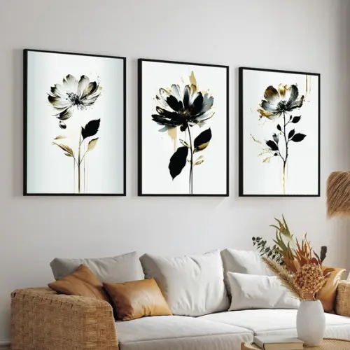 Kit 3 Quadros Decorativos Flores Modernas Preta Gold Moldura