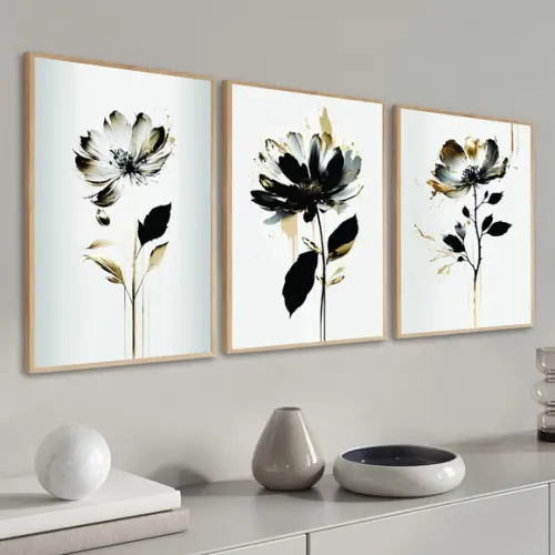 Kit 3 Quadros Decorativos Flores Modernas Sala Hall Moldura