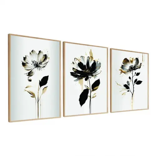 Kit 3 Quadros Decorativos Flores Modernas Sala Hall Moldura