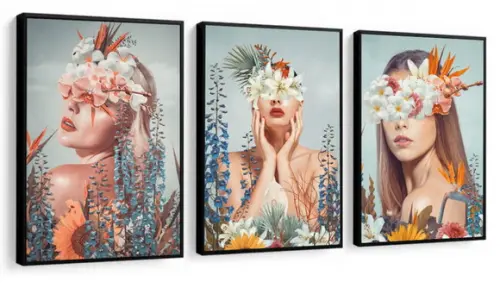 Kit 3 Quadros Decorativos Flores Mulher Quarto Sala Moldura