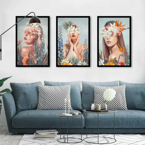 Kit 3 Quadros Decorativos Flores Mulher Quarto Sala Moldura