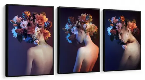 Kit 3 Quadros Decorativos Flores Mulher Rosto Quarto Moldura