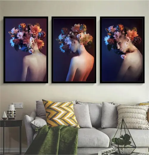 Kit 3 Quadros Decorativos Flores Mulher Rosto Quarto Moldura