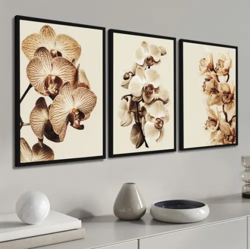 Kit 3 Quadros Decorativos Flores Orquídea Bege Com Moldura