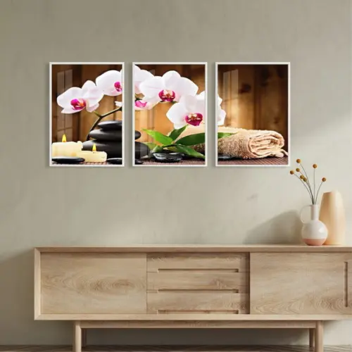 Kit 3 Quadros Decorativos Flores Orquídea Com Moldura Vidro