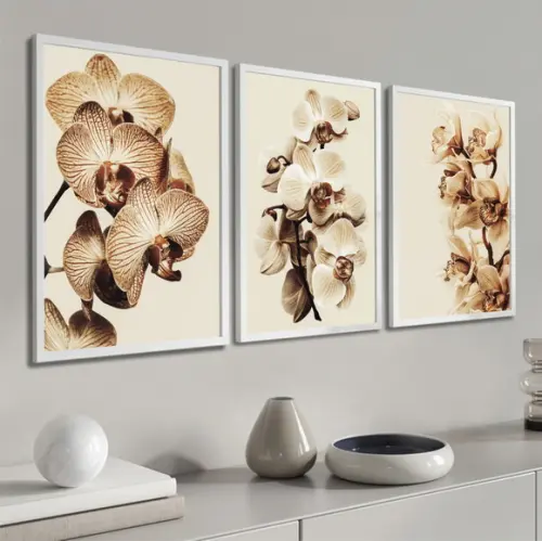 Kit 3 Quadros Decorativos Flores Orquídea Bege Com Moldura