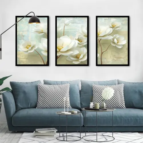 Kit 3 Quadros Decorativos Flores para Sala de Estar Molduras
