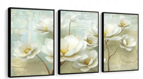 Kit 3 Quadros Decorativos Flores para Sala de Estar Molduras