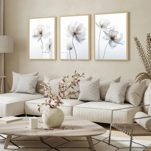 Kit 3 Quadros Decorativos Flores para Sala Moderna com Vidro