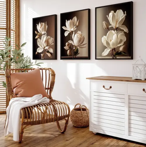 Kit 3 Quadros Decorativos Flores para Sala Moderna Moldura