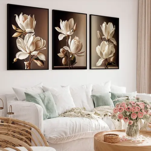 Kit 3 Quadros Decorativos Flores para Sala Moderna Moldura