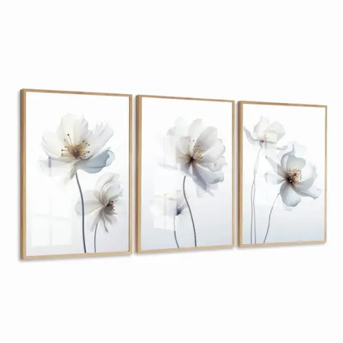 Kit 3 Quadros Decorativos Flores para Sala Moderna com Vidro
