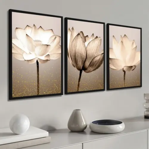 Kit 3 Quadros Decorativos Flores para Sala Modernos Moldura