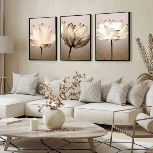 Kit 3 Quadros Decorativos Flores para Sala Modernos Moldura