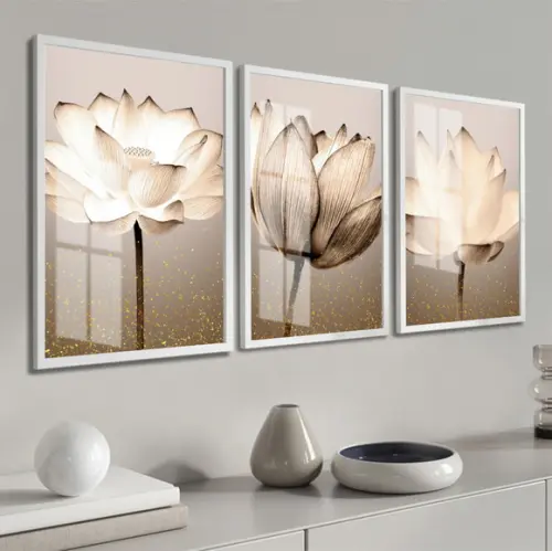 Kit 3 Quadros Decorativos Flores para Sala Moldura e Vidro