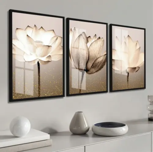 Kit 3 Quadros Decorativos Flores para Sala Moldura e Vidro