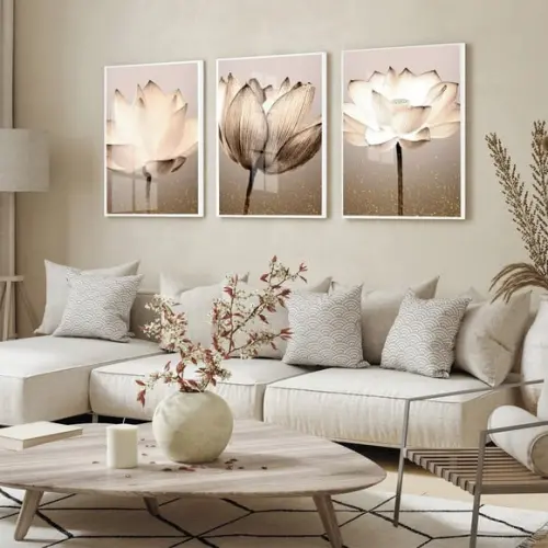Kit 3 Quadros Decorativos Flores para Sala Moldura e Vidro