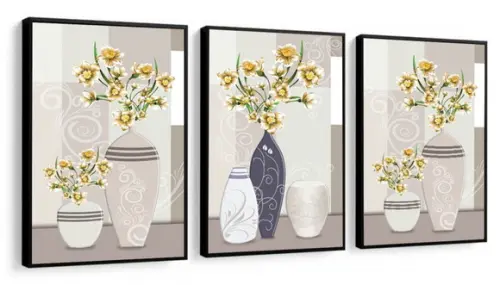 Kit 3 Quadros Decorativos Flores Para Sala Quarto Moldura