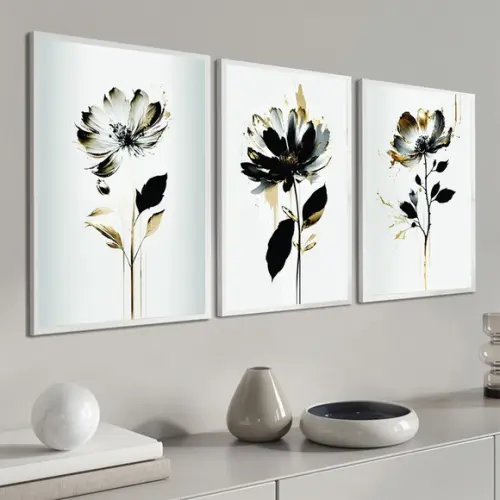 Kit 3 Quadros Decorativos Flores Preta e Dourada com Moldura