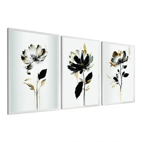 Kit 3 Quadros Decorativos Flores Preta e Dourada com Moldura