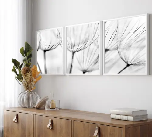 Kit 3 Quadros Decorativos Flores Preto e Branco Com Moldura